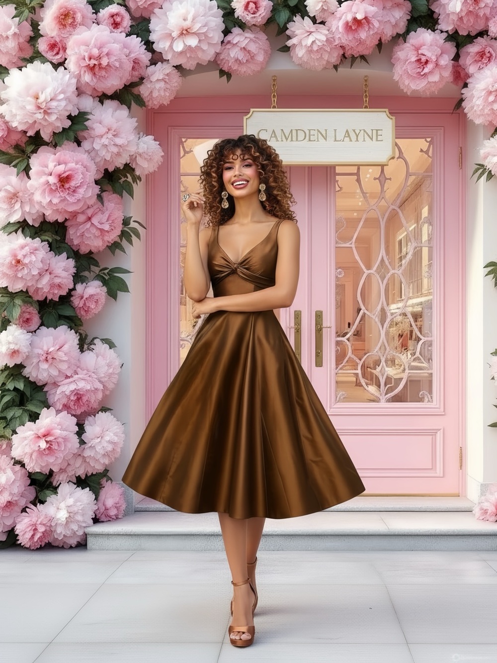 Nicole Miller Bronze Copper Chocolate Brown Midi Dress with Back Bow
